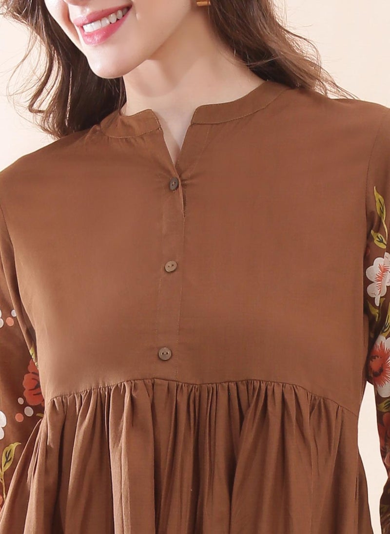 Globus Women's Brown Floral Midi Dress with Mandarin Collar and Flared Hem - Image 5