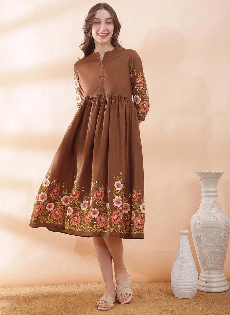 Globus Women's Brown Floral Midi Dress with Mandarin Collar and Flared Hem - Image 1