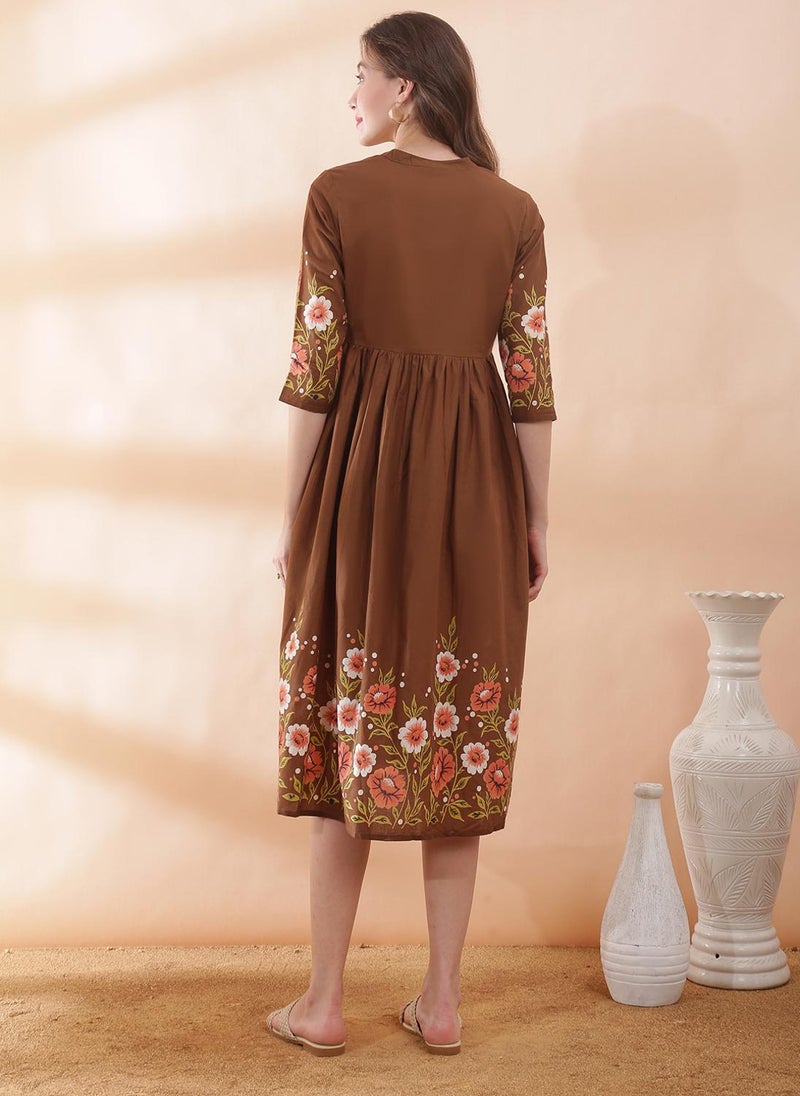 Globus Women's Brown Floral Midi Dress with Mandarin Collar and Flared Hem - Image 4