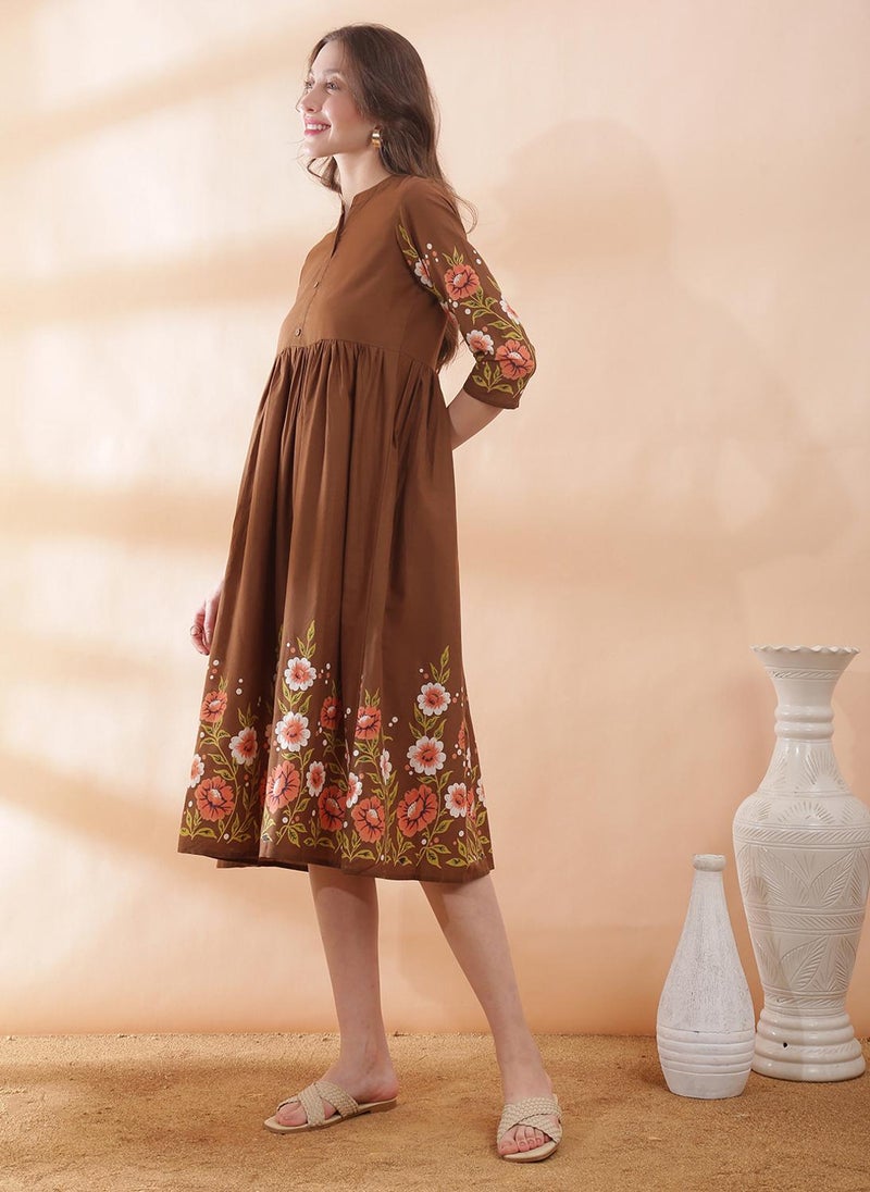 Globus Women's Brown Floral Midi Dress with Mandarin Collar and Flared Hem - Image 3