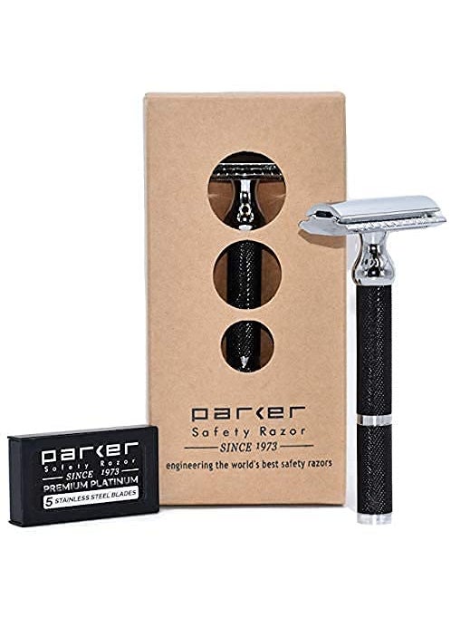 Parker Safety Razor - Parker 71R Medium Weight Long Handle Double Edge Safety Razor with 5 Parker Platinum Stainless Steel Razor Blades  Black Electroplated Brass Handle - Image 1