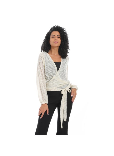 Women's wrap blouse with waist belt