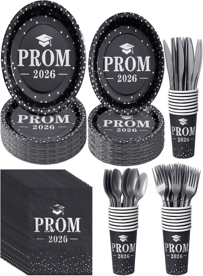 Jectivs Graduation Party Supplies Plates and Napkins Serve 50,Prom Send off 2026 Disposable Paper Plates and Napkins Set Cups Knives Spoon for Class of 2026 Graduation Party Decorations Black and Silver - Image 1
