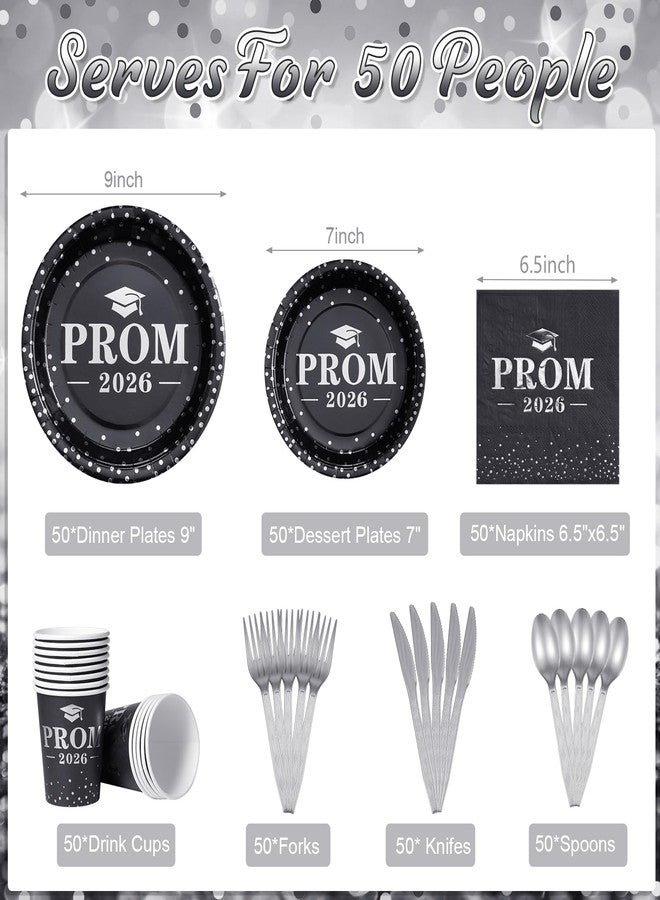 Jectivs Graduation Party Supplies Plates and Napkins Serve 50,Prom Send off 2026 Disposable Paper Plates and Napkins Set Cups Knives Spoon for Class of 2026 Graduation Party Decorations Black and Silver - Image 2
