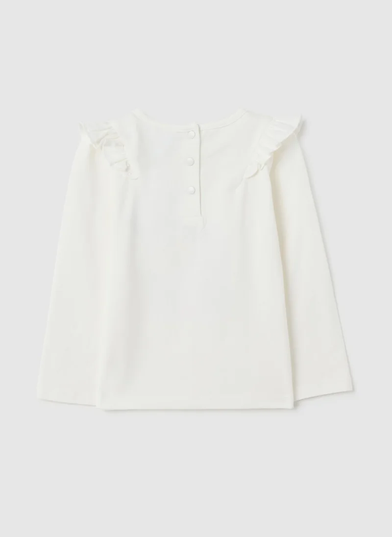 او في اس قميص بناتي قطن أبيض بقصة عادية وكشكش