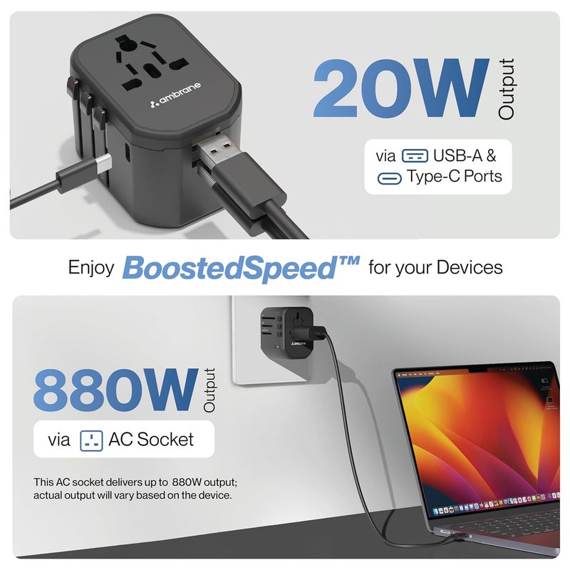AMBRANE محول سفر عالمي من أمبرين 4 في 1 شحن سريع 1 نوع C 20W 2 USB 20W 1 مقبس AC 880W مع 3 دبابيس قابلة للإزالة للاتحاد الأوروبي والمملكة المتحدة والولايات المتحدة ودول أخرى للسفر الحديث ATA01 - Image 3