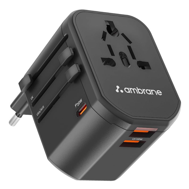 AMBRANE محول سفر عالمي من أمبرين 4 في 1 شحن سريع 1 نوع C 20W 2 USB 20W 1 مقبس AC 880W مع 3 دبابيس قابلة للإزالة للاتحاد الأوروبي والمملكة المتحدة والولايات المتحدة ودول أخرى للسفر الحديث ATA01 - Image 1