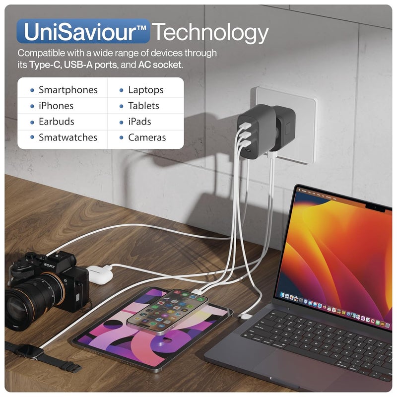 AMBRANE محول سفر عالمي من أمبرين 4 في 1 شحن سريع 1 نوع C 20W 2 USB 20W 1 مقبس AC 880W مع 3 دبابيس قابلة للإزالة للاتحاد الأوروبي والمملكة المتحدة والولايات المتحدة ودول أخرى للسفر الحديث ATA01 - Image 5