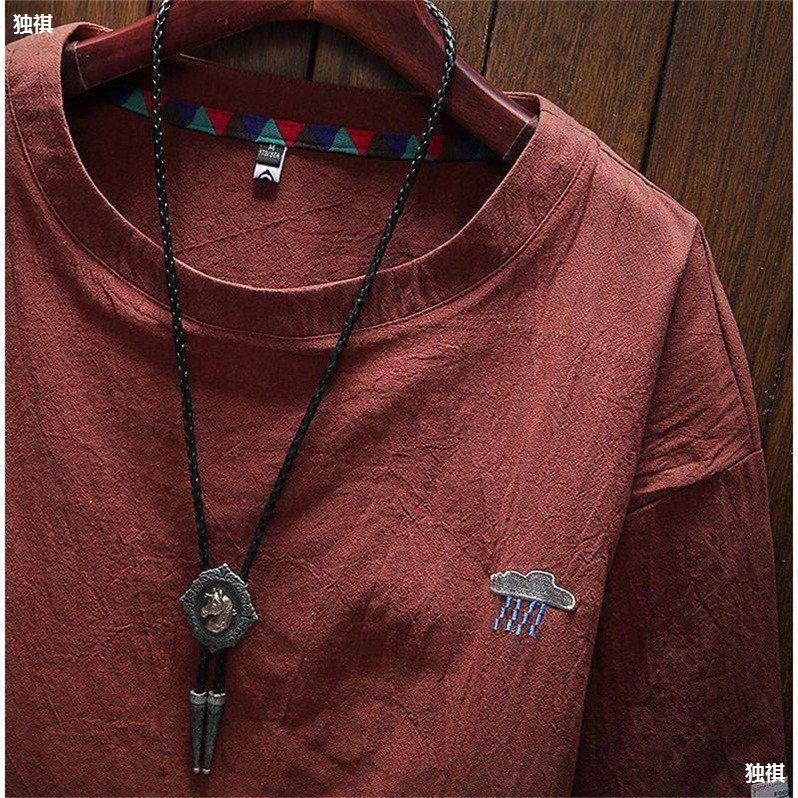 Cotton Linen T-Shirt Men'S Short-Sleeved Embroidered Japanese Vintage Thin Extras Large Size Loose Half-Sleeved Linen Round Neck Top - Image 2