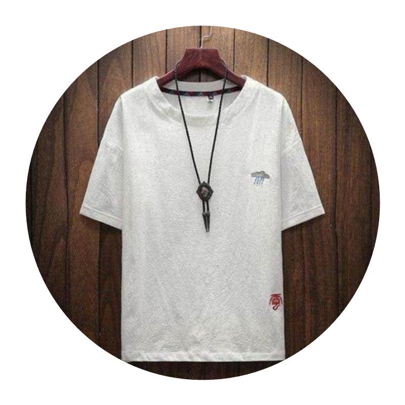 Cotton Linen T-Shirt Men'S Short-Sleeved Embroidered Japanese Vintage Thin Extras Large Size Loose Half-Sleeved Linen Round Neck Top - Image 5