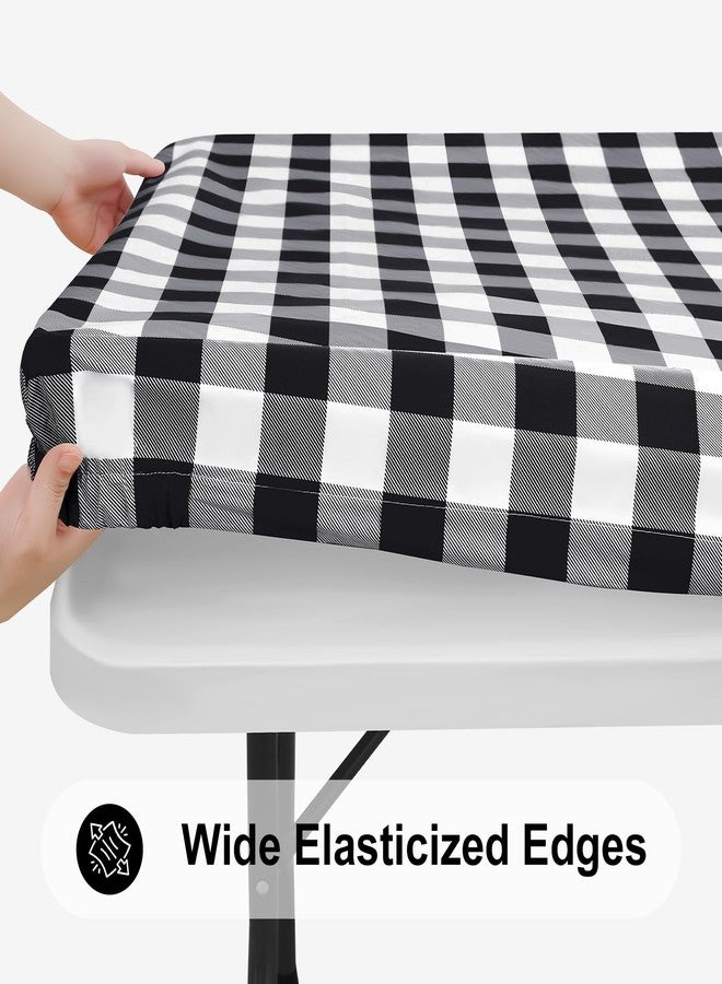 smiry Rectangle Picnic Table Cloth, Elastic Waterproof Fitted Vinyl Tablecloth for 4 FT Tables, Flannel Backed Buffalo Plaid Table Covers for Dining, Camping, Outdoor (Black and White, 24" x 48") - Image 2