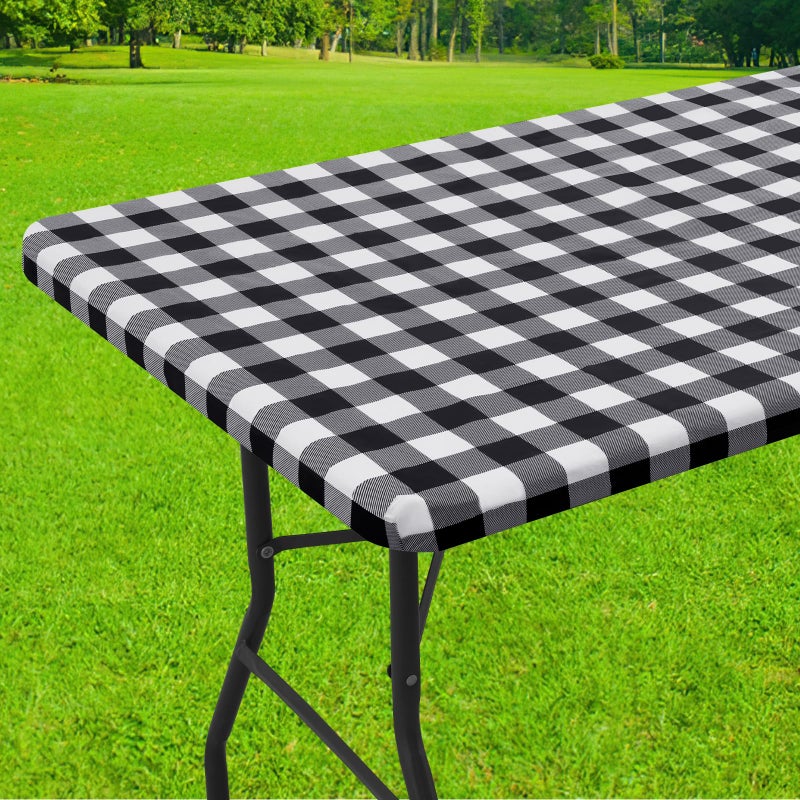 smiry Rectangle Picnic Table Cloth, Elastic Waterproof Fitted Vinyl Tablecloth for 4 FT Tables, Flannel Backed Buffalo Plaid Table Covers for Dining, Camping, Outdoor (Black and White, 24" x 48") - Image 1