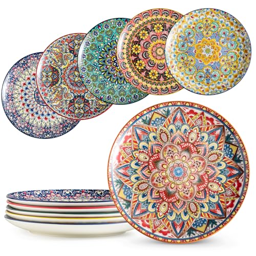 MISSYSSIM Dinner Plates set of 6, 10.5 Inch Large Dessert Salad Plates for Pasta, Steak, Snacks, Colorful Porcelain Serving Dishes for Kitchen & Party, Morden Dinnerware - Bohemian Style - Image 1