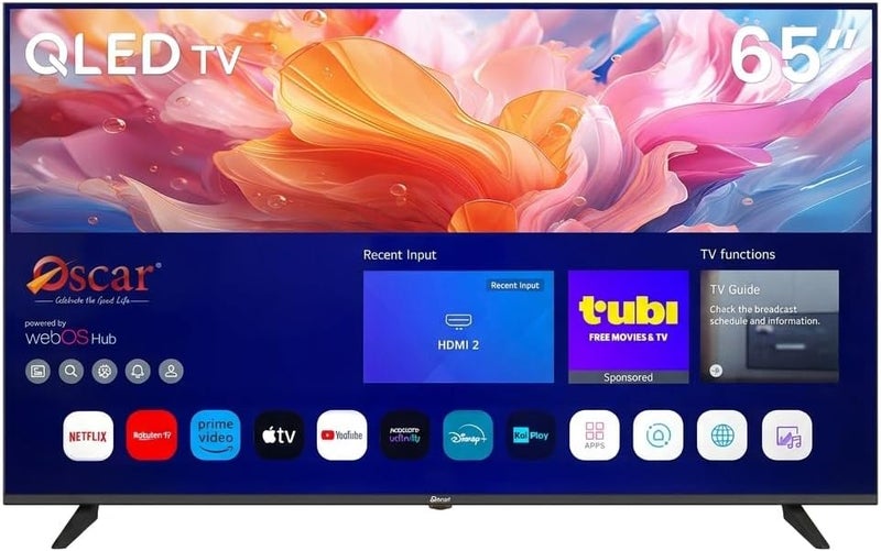 تلفزيون أوسكار الذكي مقاس 65 بوصة من نوع QLED، بشاشة عرض ذات نطاق ألوان واسع 90% DCI-P3، تصميم بدون إطار، عرض الشاشة عبر Apple AirPlay وMiracast، متوافق مع Apple Home، تلفزيون ذكي باللغتين الإنجليزية والعربية - OS65QLEDWP