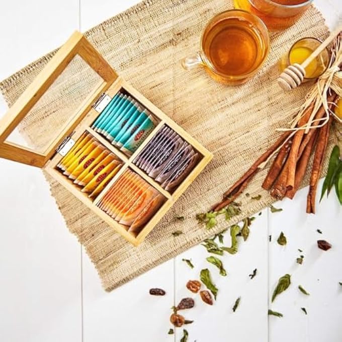ECVV Tea Box Storage Organizer Table Top Kitchen Spice Box Tea Box Made With Premium Quality Bamboo Material 4 Compartment Tea Organizer With Transparent Lid - Image 3