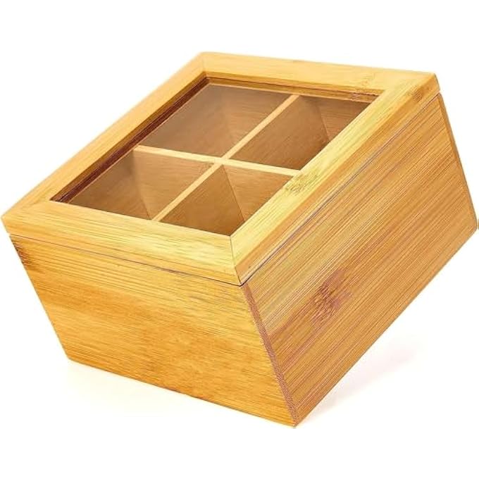 ECVV Tea Box Storage Organizer Table Top Kitchen Spice Box Tea Box Made With Premium Quality Bamboo Material 4 Compartment Tea Organizer With Transparent Lid - Image 2