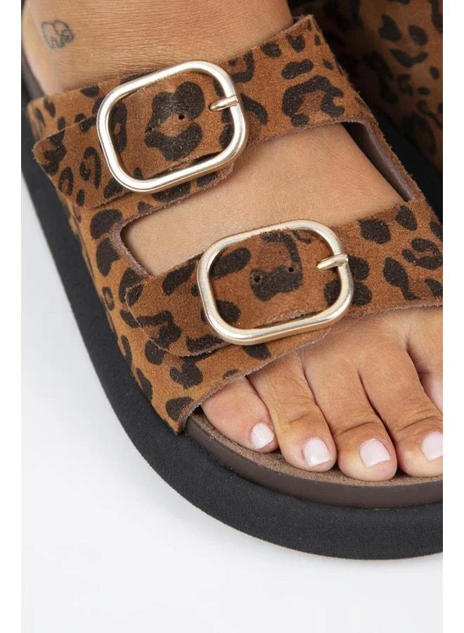 Manijero  Lavanda Leopard Women's Genuine Leather Double Buckle Tan Slippers - Brown for Women | Best Price UAE