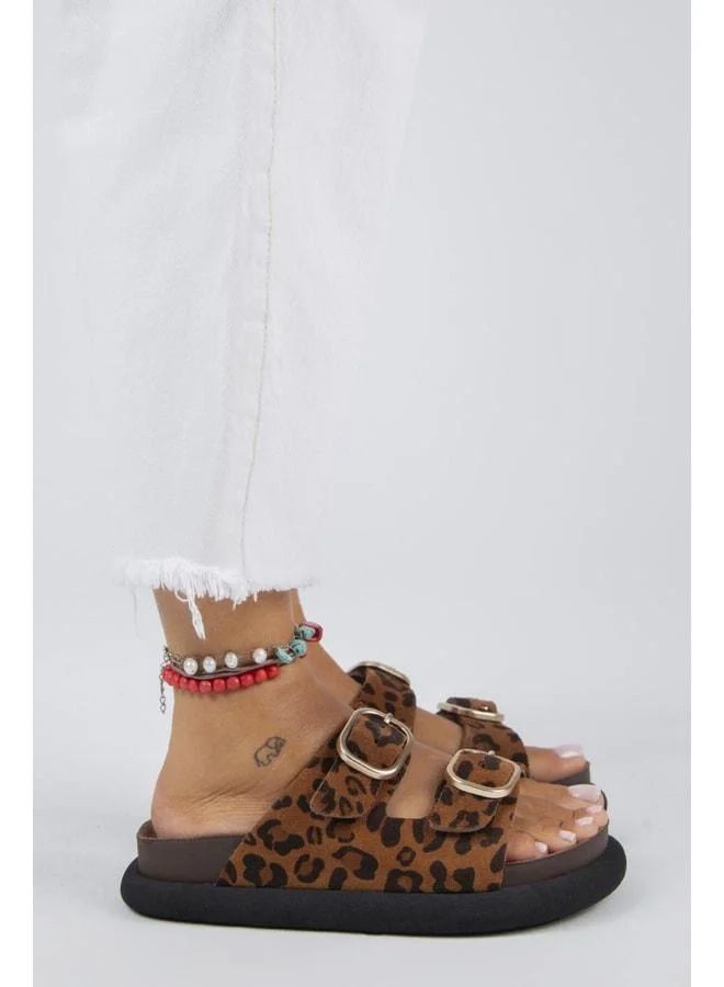 Lavanda Leopard Women's Genuine Leather Double Buckle Tan Slippers - Brown