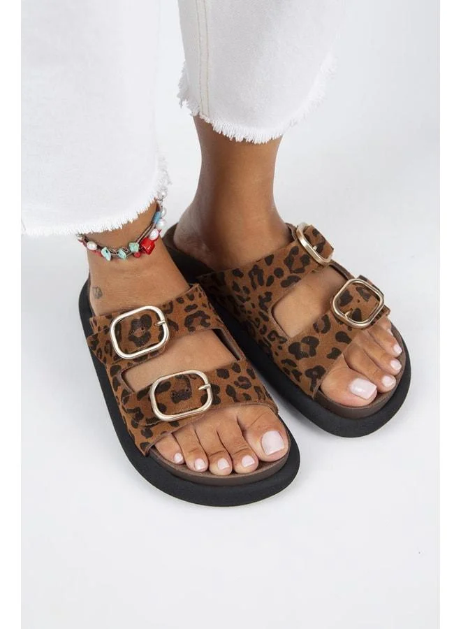 Manijero  Lavanda Leopard Women's Genuine Leather Double Buckle Tan Slippers - Brown for Women | Best Price UAE