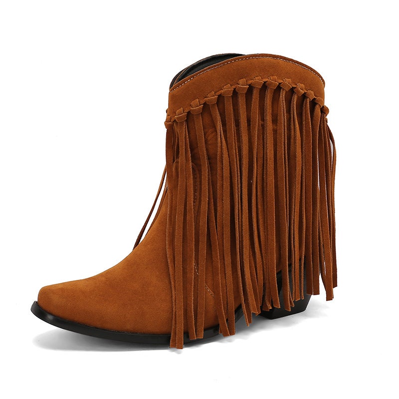 2024 New Winter Fashion High-Heeled Tassel Boots 40-48 Plus Size Small Pointed Low Boots For Women - Image 1