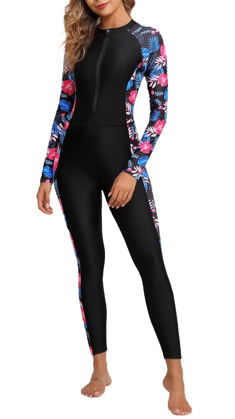 ALLTOKE Womens Full Body Zip Front Rash Guard Long Sleeve One Piece Bathing Suit with Built in Bra UPF50 Surf Swimsuit Black Pink Flower L