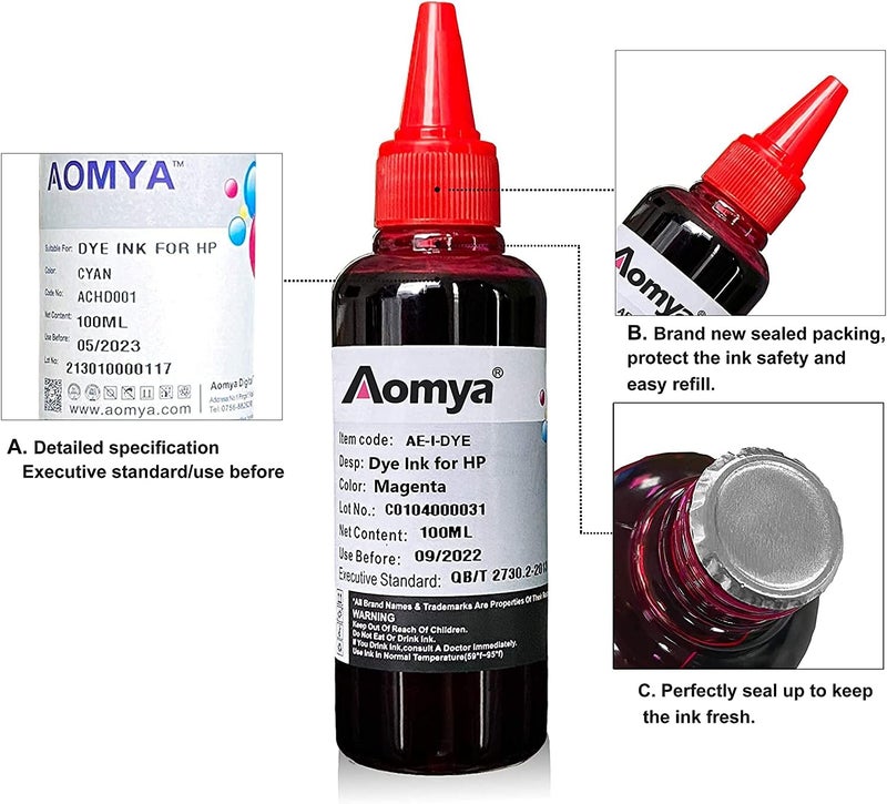Aomya Ink Refill kit 5x100ml for Canon PGI-550 CLI-551 PGI-570 CLI-571 PGI-580 CLI-581 PGI-525 CLI-526 PGI-520 CLI-521 Refillable Ink Cartridge CIS CISS System with 5 Syringes (PBK, BK, C, M, Y) - Image 2