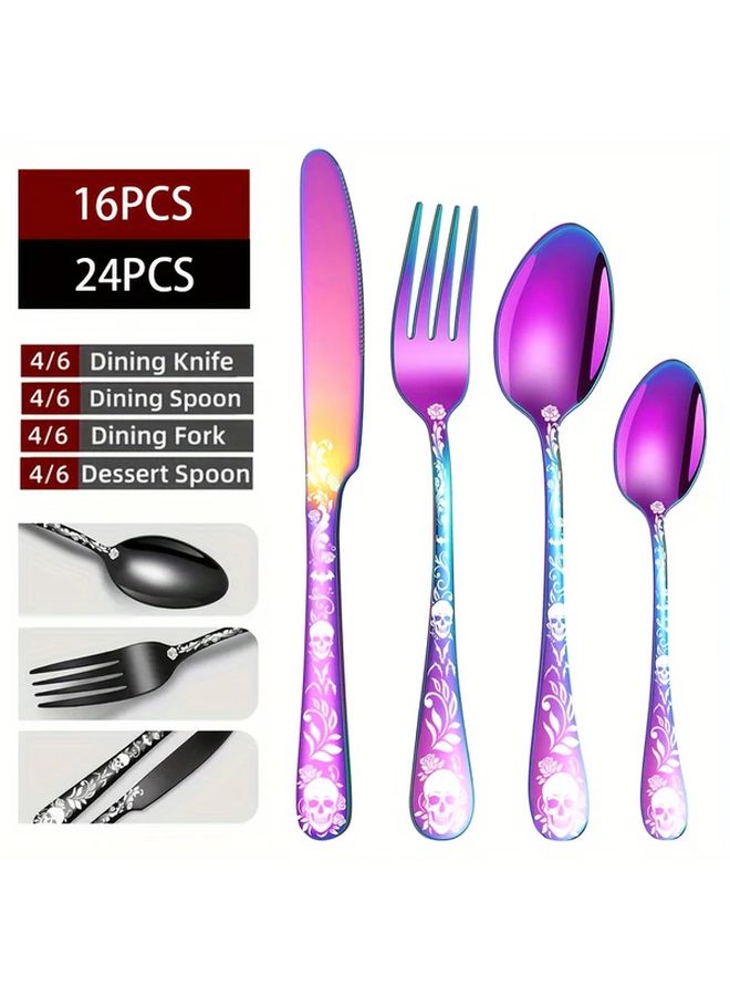 Colorful 24 Piece Gothic Skull Dinnerware Set Stainless Steel Floral Design Dishwasher Safe - Image 2