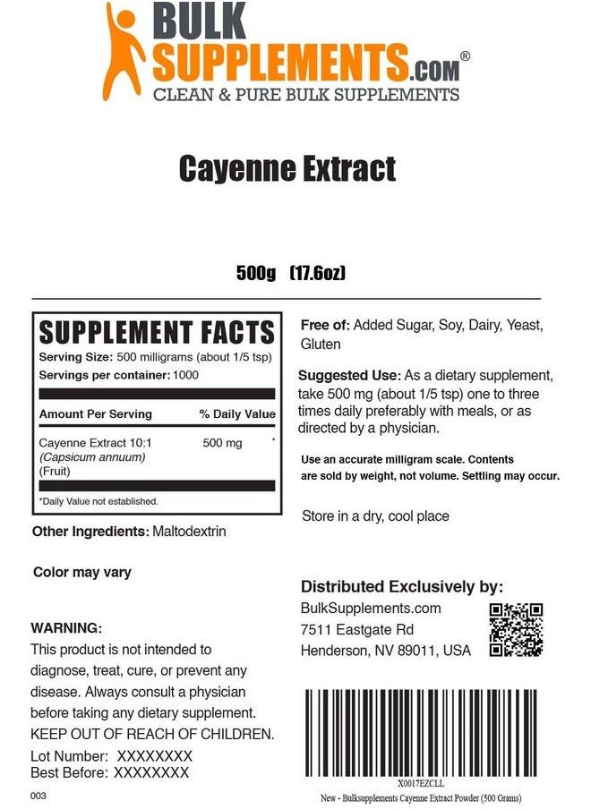 BULKSUPPLEMENTS.COM - Cayenne Pepper Extract Powder Capsaicin Supplement Capsicum Extract 500Mg Of Cayenne Extract Per Serving Cayenne Supplement Gluten Free (500 Grams 1.1 Lbs) - Image 1