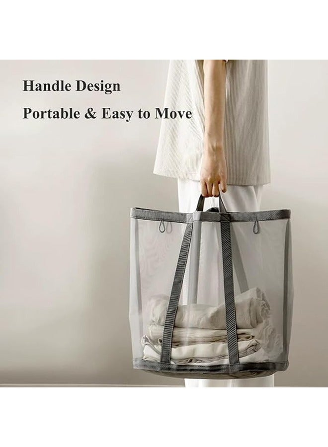 2 Pcs Foldable Wall-Mounted Laundry Basket, Foldable Breathable Folding Beach Bag, Collapsible Nylon Mesh Hamper with Reinforced Carry Handles for Laundry, Bathroom, Dorm or Travel (Grey) - Image 3
