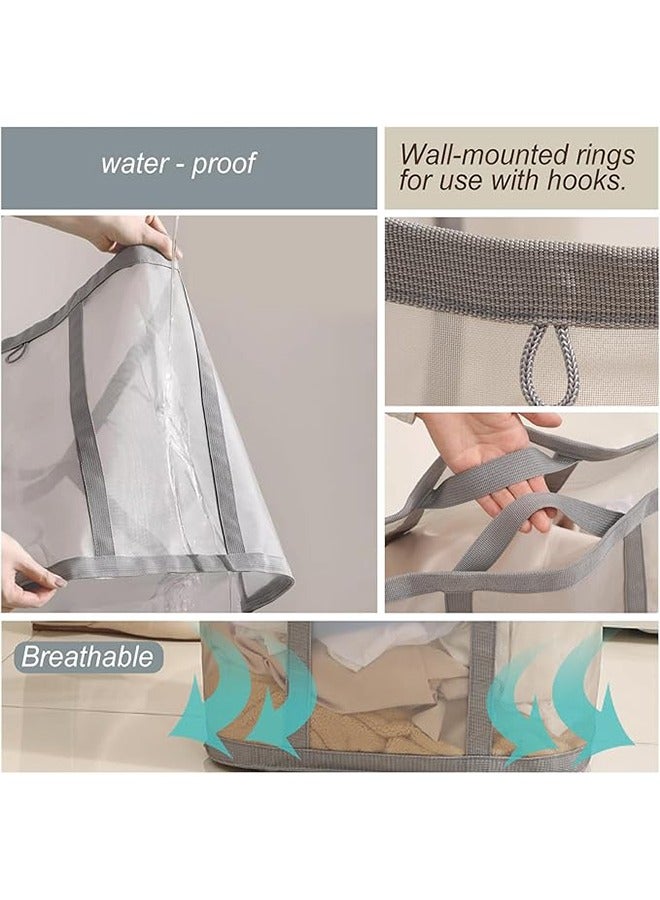 2 Pcs Foldable Wall-Mounted Laundry Basket, Foldable Breathable Folding Beach Bag, Collapsible Nylon Mesh Hamper with Reinforced Carry Handles for Laundry, Bathroom, Dorm or Travel (Grey) - Image 5