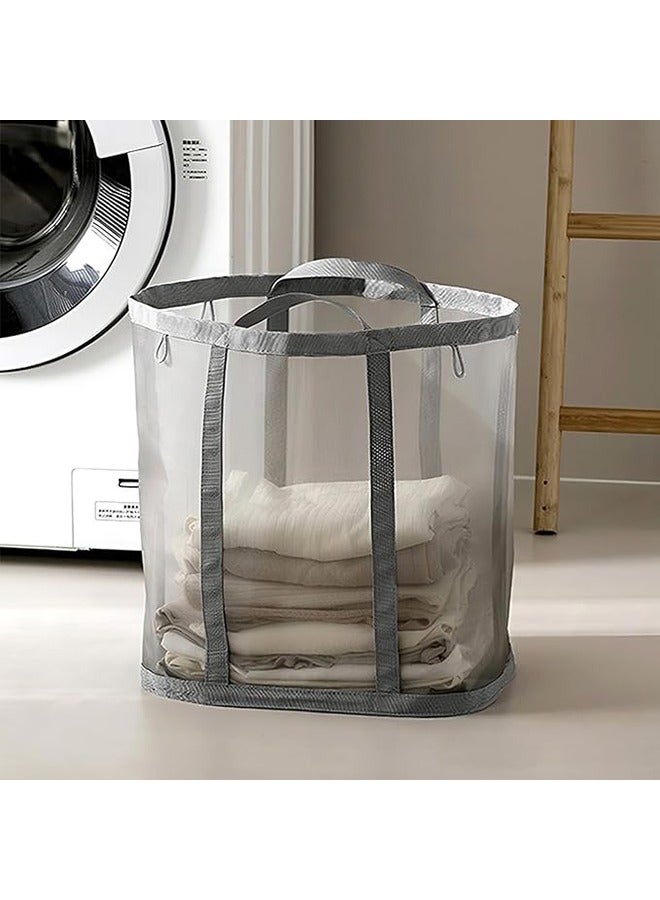 2 Pcs Foldable Wall-Mounted Laundry Basket, Foldable Breathable Folding Beach Bag, Collapsible Nylon Mesh Hamper with Reinforced Carry Handles for Laundry, Bathroom, Dorm or Travel (Grey) - Image 2