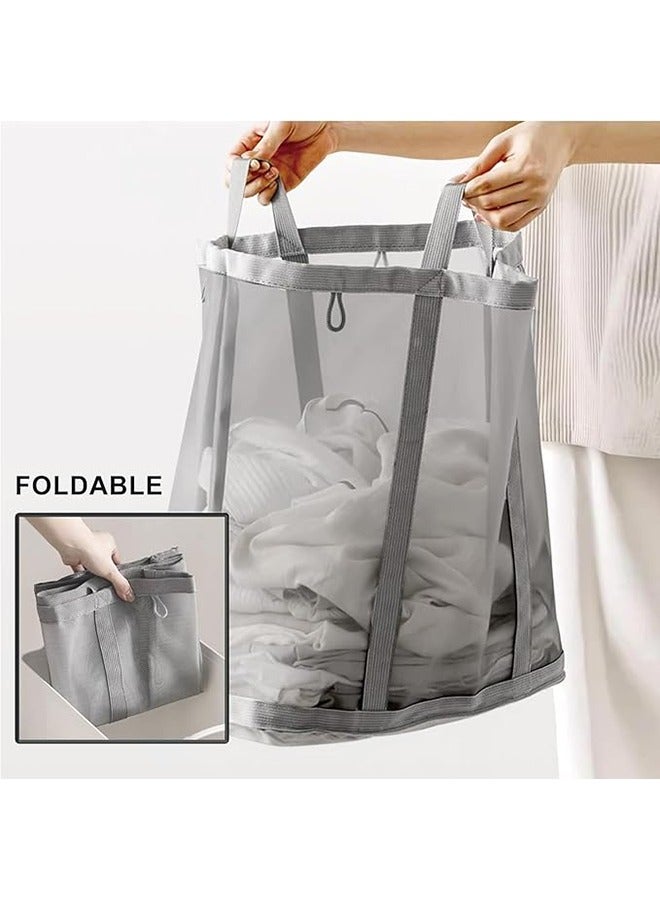 2 Pcs Foldable Wall-Mounted Laundry Basket, Foldable Breathable Folding Beach Bag, Collapsible Nylon Mesh Hamper with Reinforced Carry Handles for Laundry, Bathroom, Dorm or Travel (Grey) - Image 4