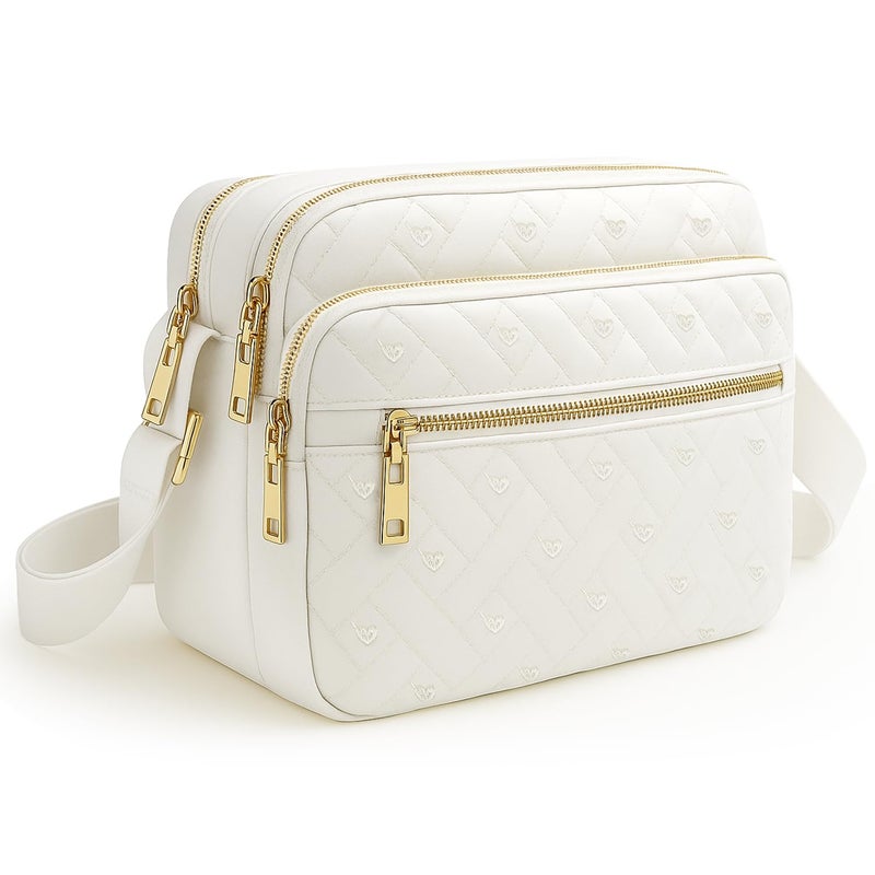 Voikukka Medium Quilted Crossbody Bags for Women Trendy White Nylon Purse Lightweight Pocket Books for Woman Casual Waterproof Messenger Handbag Crossbody Purse Designer Travel - Image 1