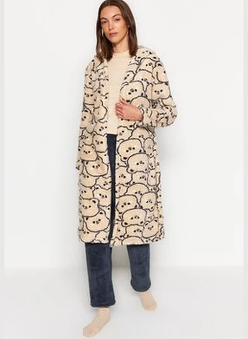 trendyol Cream Wellsoft Animal Print Hooded Knitted Dressing Gown THMAW24SB00025