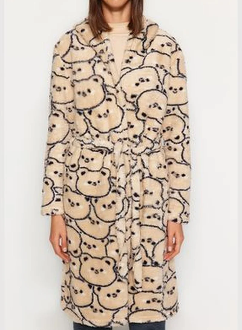 trendyol Cream Wellsoft Animal Print Hooded Knitted Dressing Gown THMAW24SB00025
