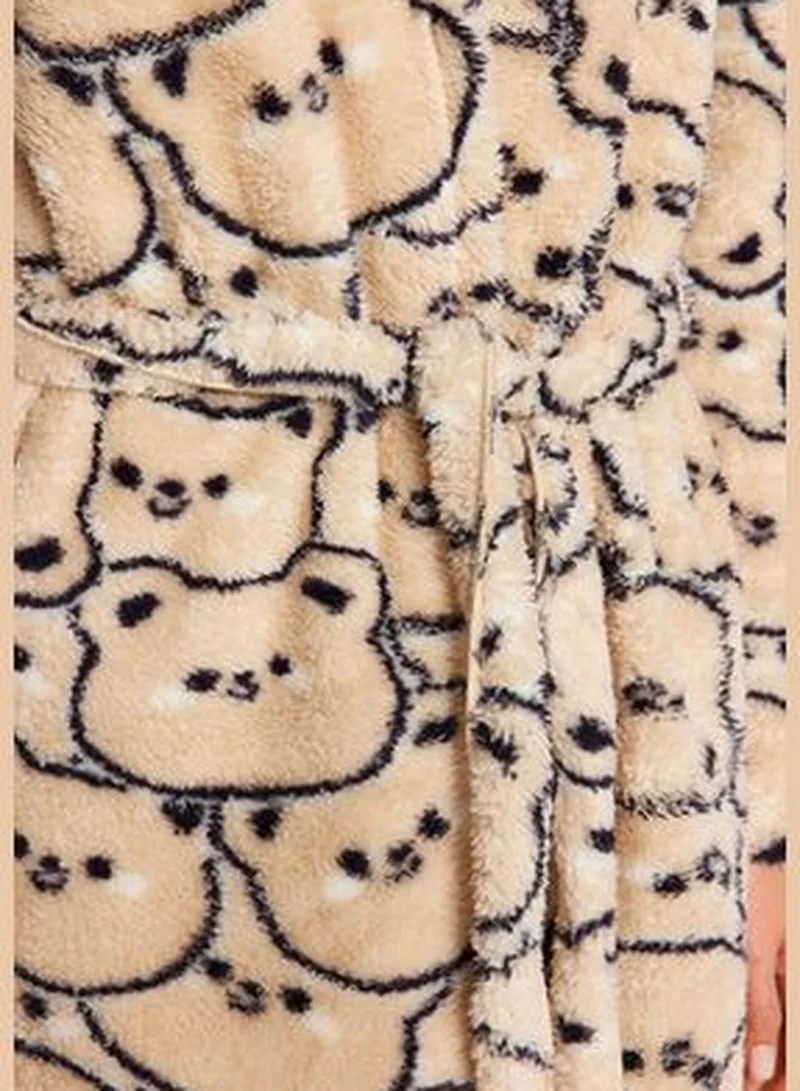 trendyol Cream Wellsoft Animal Print Hooded Knitted Dressing Gown THMAW24SB00025