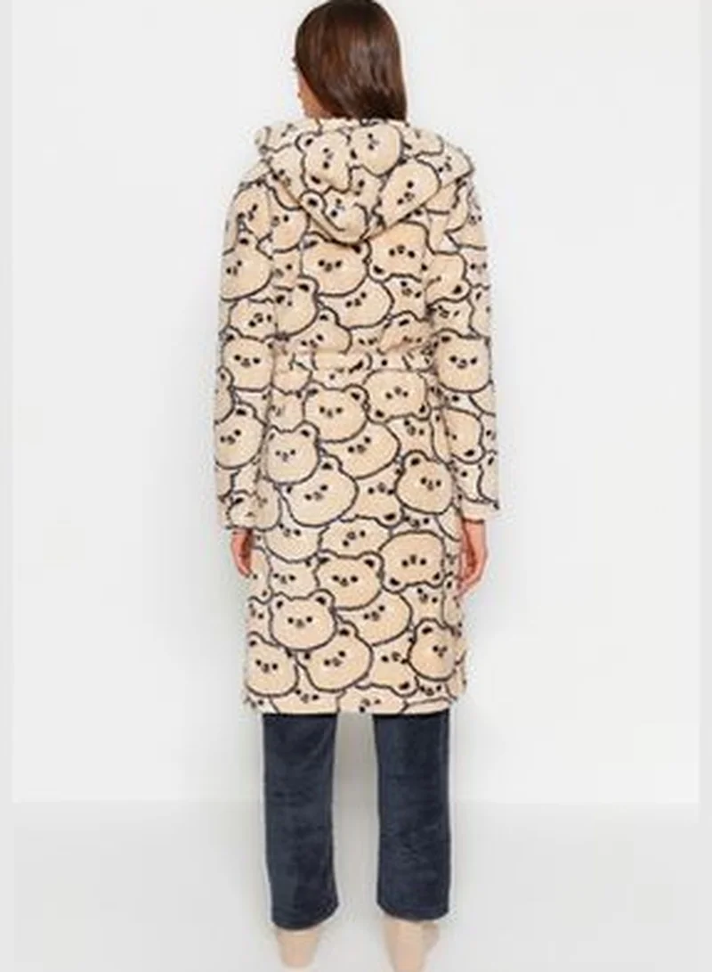 trendyol Cream Wellsoft Animal Print Hooded Knitted Dressing Gown THMAW24SB00025