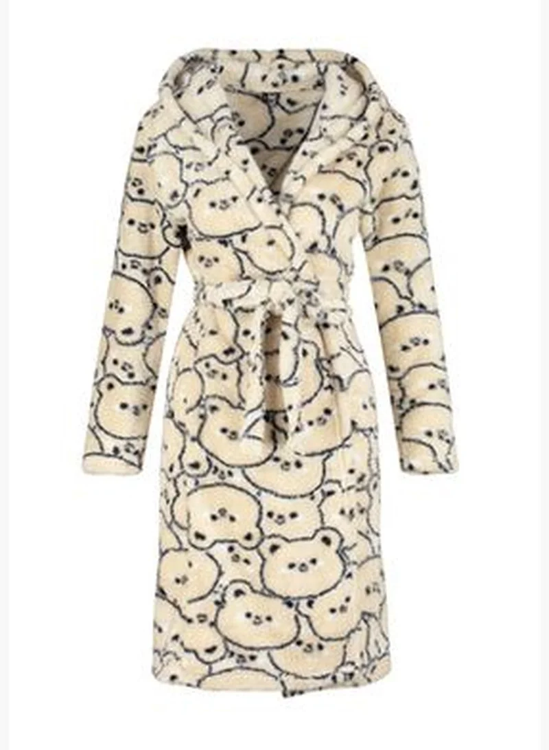 trendyol Cream Wellsoft Animal Print Hooded Knitted Dressing Gown THMAW24SB00025