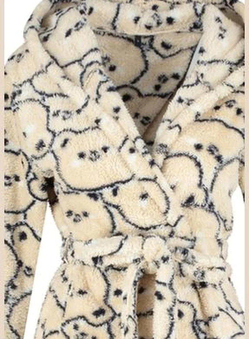trendyol Cream Wellsoft Animal Print Hooded Knitted Dressing Gown THMAW24SB00025