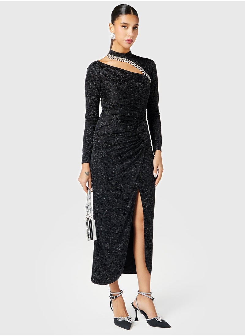 Threadz by Ajooni Neck Cutout Ruched Slit Dress  - Image 1