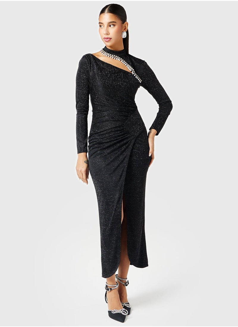 Threadz by Ajooni Neck Cutout Ruched Slit Dress  - Image 4