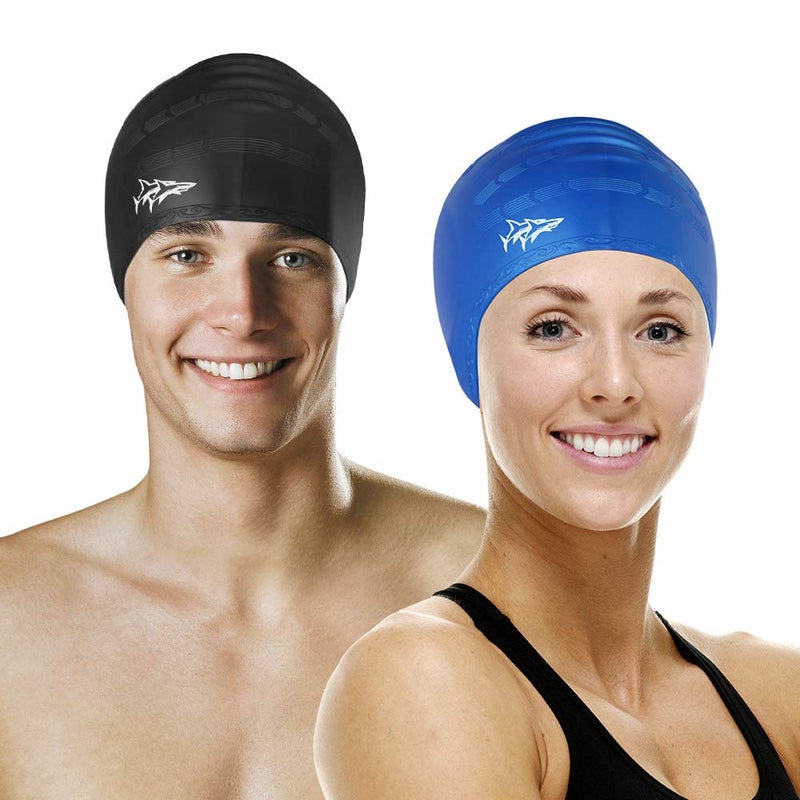 Cimkiz Swim Cap for Long Hair 2 Pack Thicker Design Solid Silicone Waterproof Swimming Caps for Woman Adults and Men (Black+Blue) - Image 2