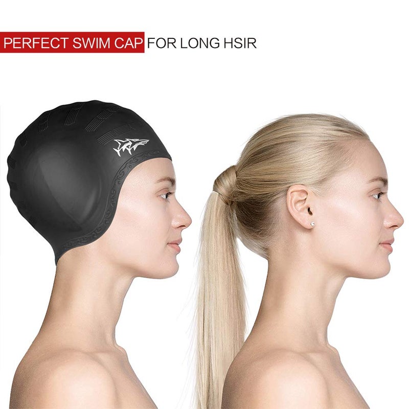 Cimkiz Swim Cap for Long Hair 2 Pack Thicker Design Solid Silicone Waterproof Swimming Caps for Woman Adults and Men (Black+Blue) - Image 5