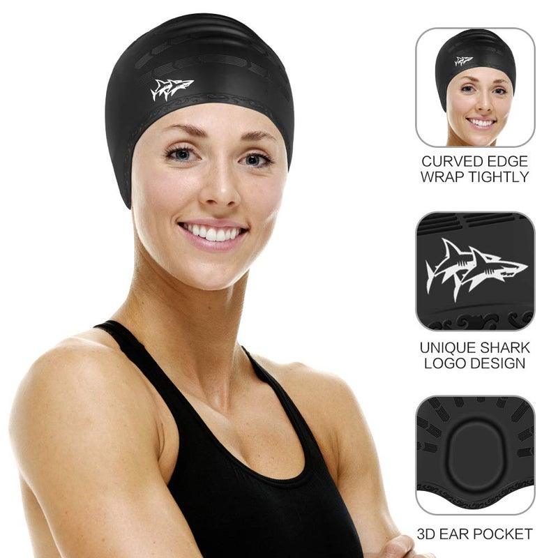 Cimkiz Swim Cap for Long Hair 2 Pack Thicker Design Solid Silicone Waterproof Swimming Caps for Woman Adults and Men (Black+Blue) - Image 4