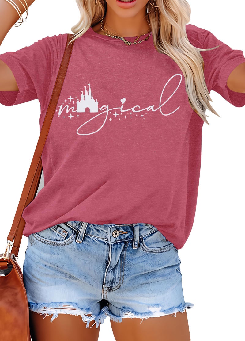 UNIQUEONE Magical Shirt for Women Magic Kingdom Tshirt Family Vacation Tee Castle Graphic Short Sleeve Tops Pink - Image 1