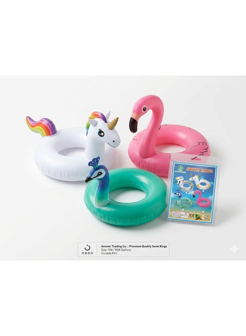 Children's inflatable swimming ring and float in distinctive cartoon shapes (flamingo, unicorn, peacock) made of durable PVC material