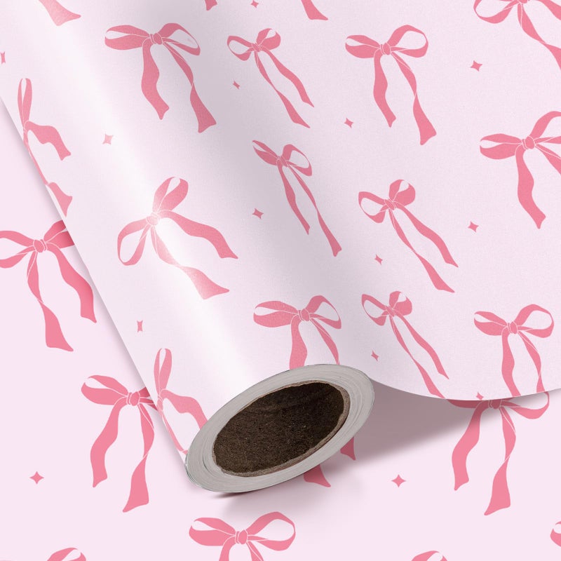 WRAPAHOLIC Pink Bow Wrapping Paper Roll - Mini Roll - 17 Inch x 16.5 Feet - Pink Ribbon Bow Design Perfect for Valentine's Day, Girls Birthday, Bachelorette Party, Baby Shower - Image 1