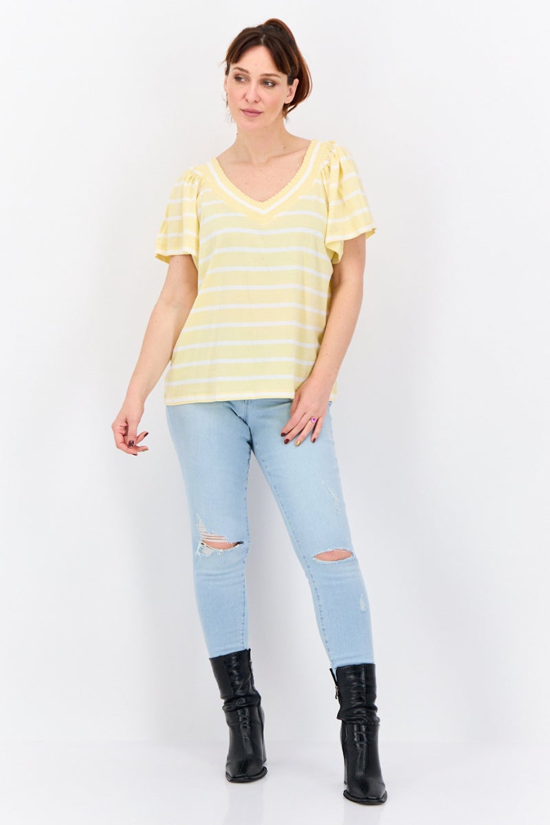 NAUTICA Women V-Neck Short Sleeves Stripe Blouse, Yellow  - Image 4