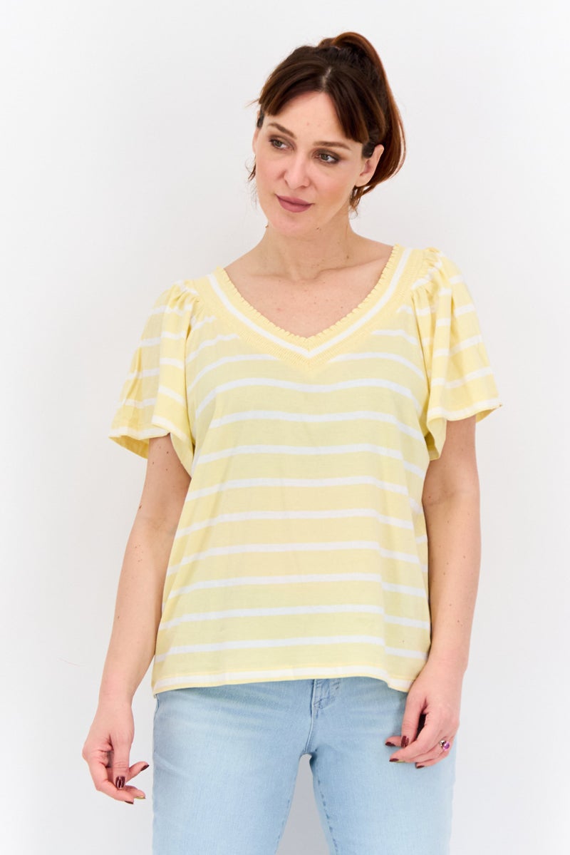 NAUTICA Women V-Neck Short Sleeves Stripe Blouse, Yellow  - Image 1