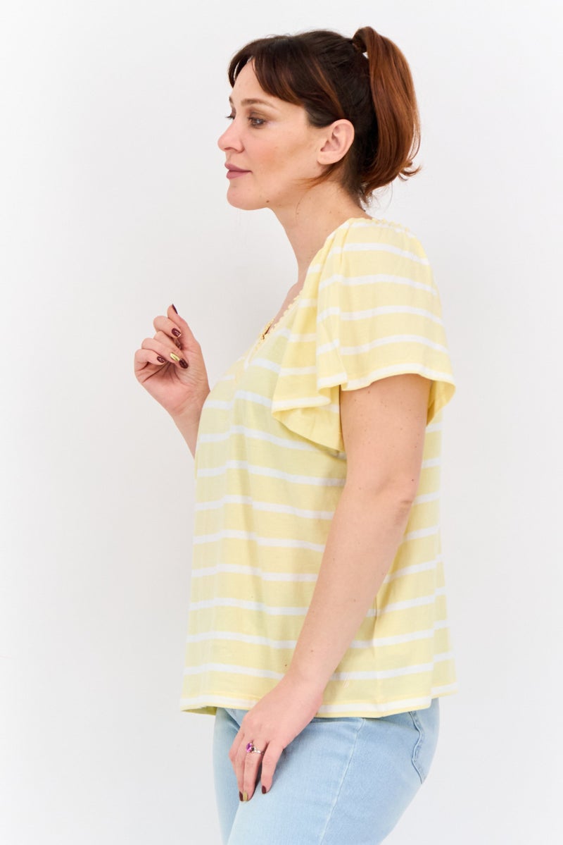NAUTICA Women V-Neck Short Sleeves Stripe Blouse, Yellow  - Image 2